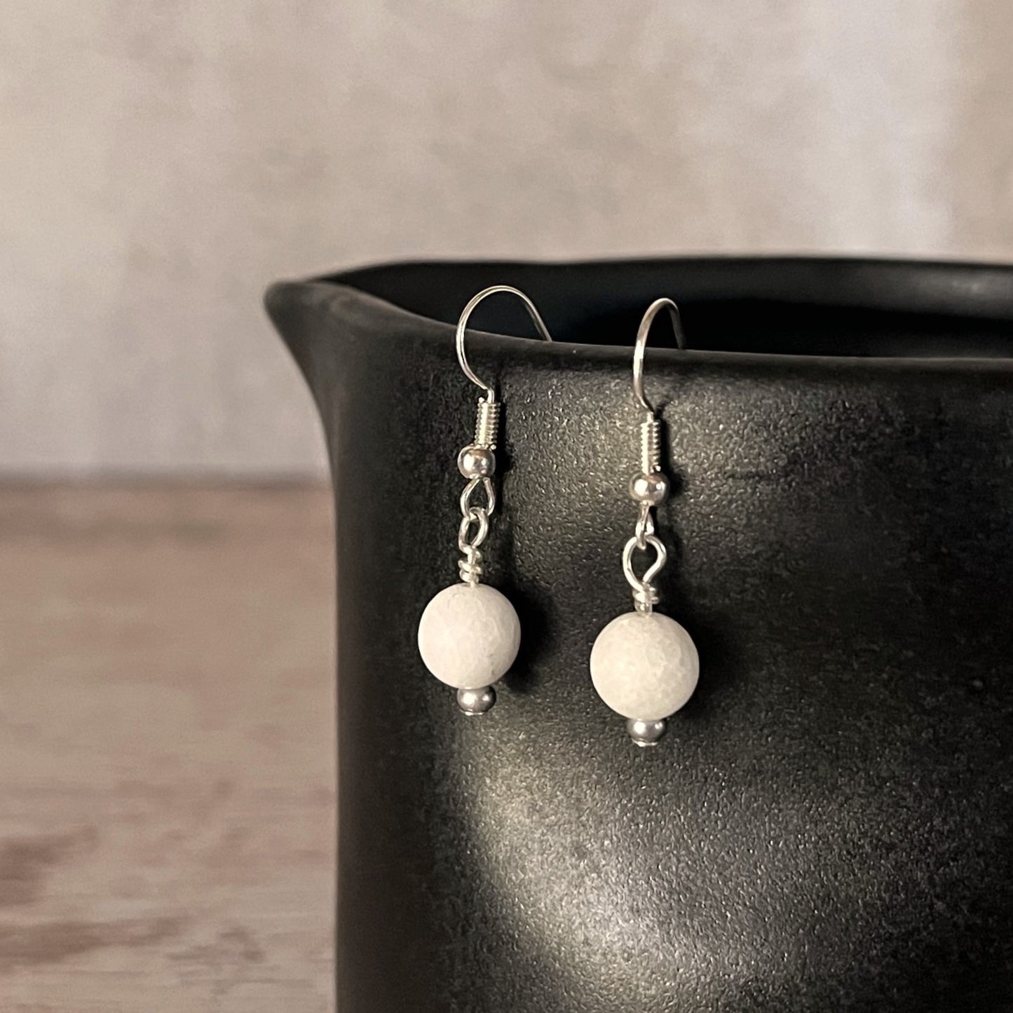 Silver drop earrings with white jade bead